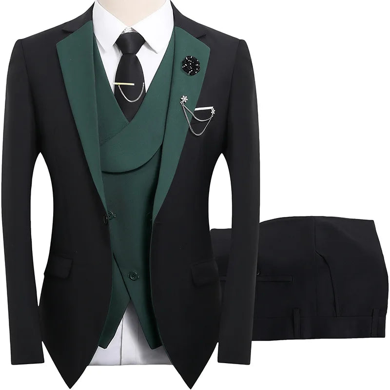 2026 men's dark green three piece suit, (Chinese size) slim fit jacket with vest and pants, wedding party set.
