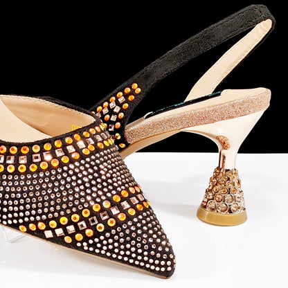 New Italian Pumps and Bag To Party 2024 INS Style Pointed-Toe Rhinestone Elegant High Heels Champagne Wedge for Women