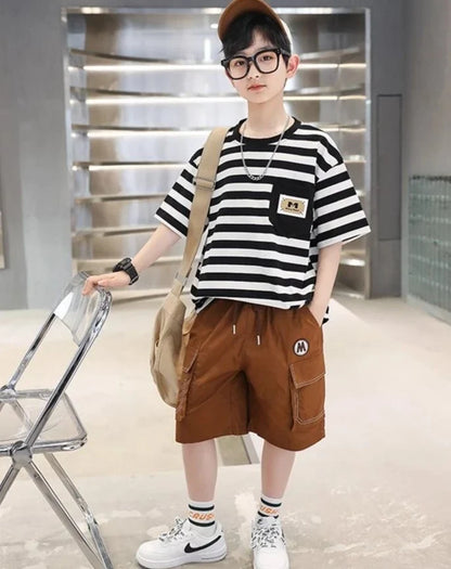 Stripes Children's Outdoor Clothes 4 Years Clothing Suit for Kids Boys Top Bottom Set Junior Shorts Summer Boy Child T-shirt 7 8