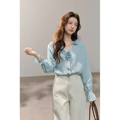 Women's Asymmetric Ruffled V-neck Shirt Spring Light Blue Floral Applique Ruffle Cuffs Top Elegant Loose Shirt MXF14C2448