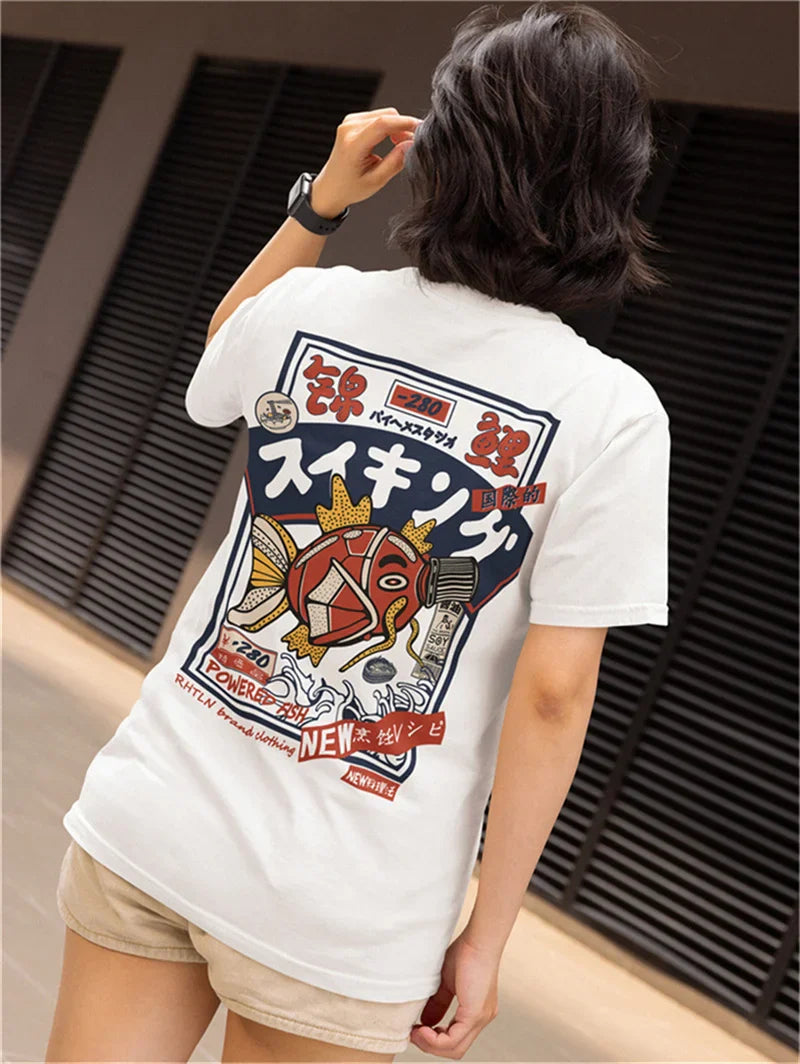 Hip Hop Streetwear Harajuku T-shirt Japanse Kanji Fish Print T-shirt 2024 Mannen Katoen Casual Korte Mouw T-shirt Japan Stijl