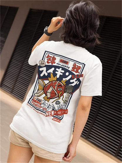 Hip Hop Streetwear Harajuku T-shirt Japanse Kanji Fish Print T-shirt 2024 Mannen Katoen Casual Korte Mouw T-shirt Japan Stijl