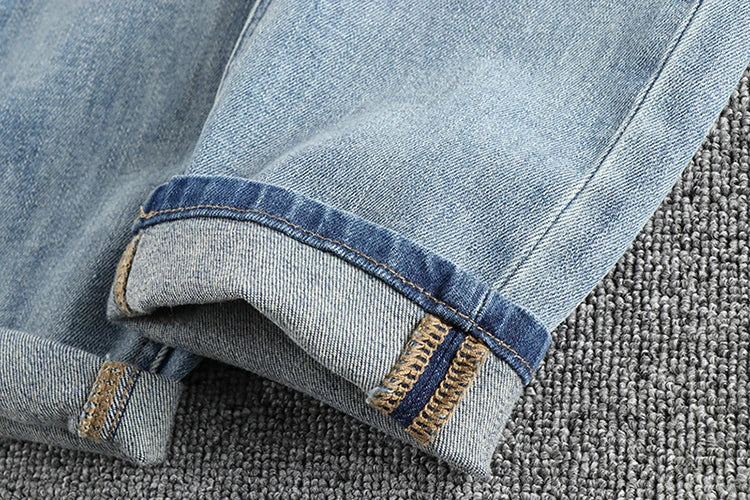 New wash light blue ground white jeans men's spring American fashion brand small straight leg retro casual youth pants