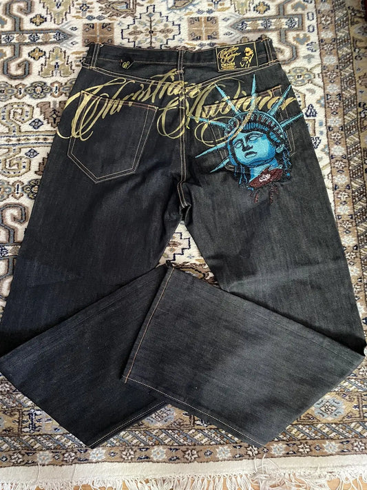 2000s Vintage Statue of liberty Diamonds Jeans Casual Denim Pants High Waist Straight Wide Leg Jeans Harajuku Y2k Women Clothing