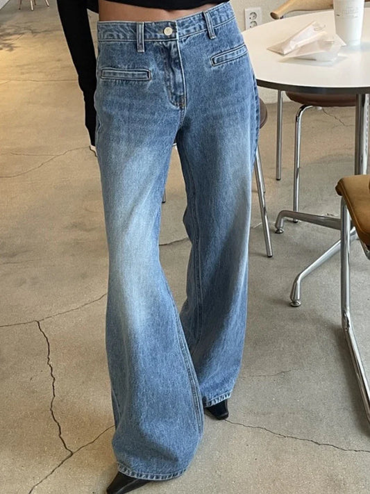 Retro High Waist Slim Fit Blue Jeans Women's Autumn Winter Straight Leg Long Pants Wide Leg Pants Classic Waed Denim