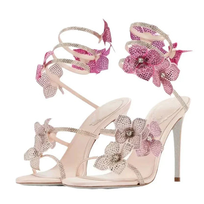 Street Style CRYSTAL Flower Thin Heels Banquet Prom Women Sandals Sexy Open Toe Narrow Band Ankle Strap Gladiator Shoes