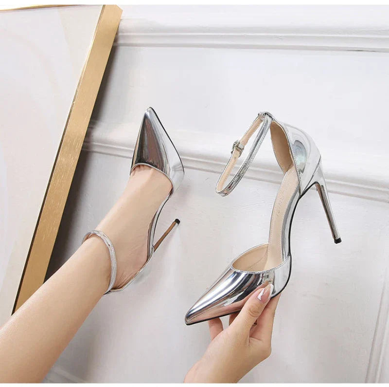 Professional Suit French High Heels One-Liner Strap Pointed Toe Thin Heel Shallow Mouth Hollow Super High Heels Versatile