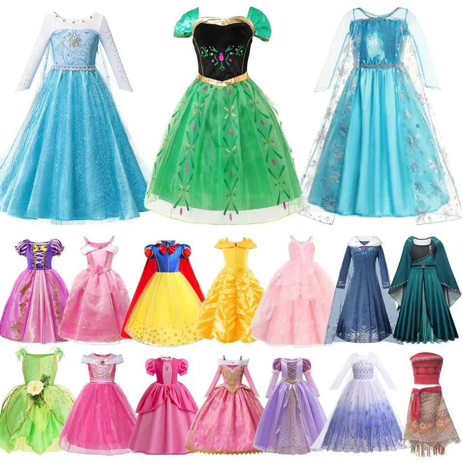 Girls Princess Dress Kids Elsa Anna Snow White Aurora Belle Rapunzel Peach Halloween Costume Children Birthday Party Clothes