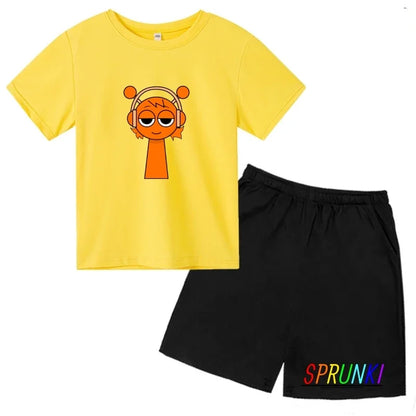 2026 Sprunki Kids T-Shirt + Shorts Set, Boys Girls Cartoon Game Printed Cotton Short Sleeve 2Pcs Summer Casual Outfit