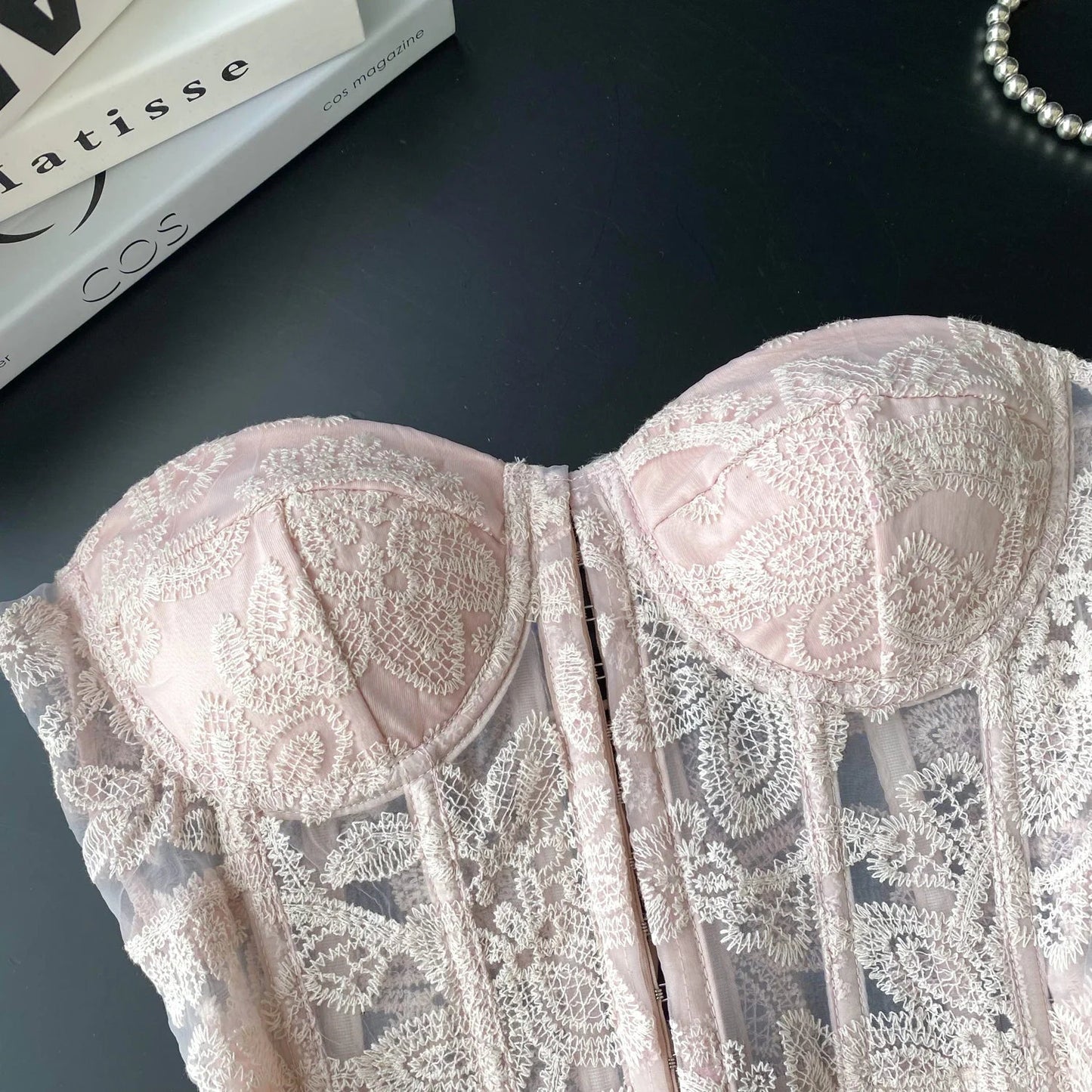 Floral Embroidery Sexy Club Top Female Strapless Slim Corset Backless Tank Top French Lace Up Basics Sheer Camisole