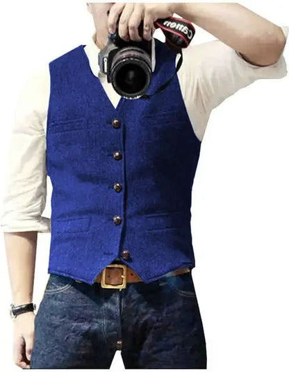 Mens Suit Vest Tweed Retro V Neck Wool Herringbone Waistcoat for Prom Single Breasted Males Dress Suit Vest Plus Size