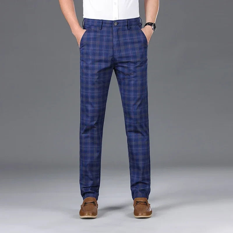 2024 Summer Classic Simple Straight Casual Pants for Men Personalized Checkered Versatile Stretch Business Casual Slim Trousers