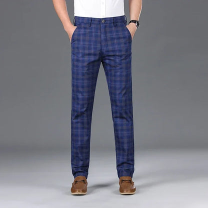 2024 Summer Classic Simple Straight Casual Pants for Men Personalized Checkered Versatile Stretch Business Casual Slim Trousers