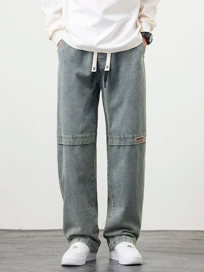 8XL New Retro Blue Men's Jeans Large Size String Banding Wide Leg Denim Pants Cotton Casual Straight Jean Trousers 6XL 7XL