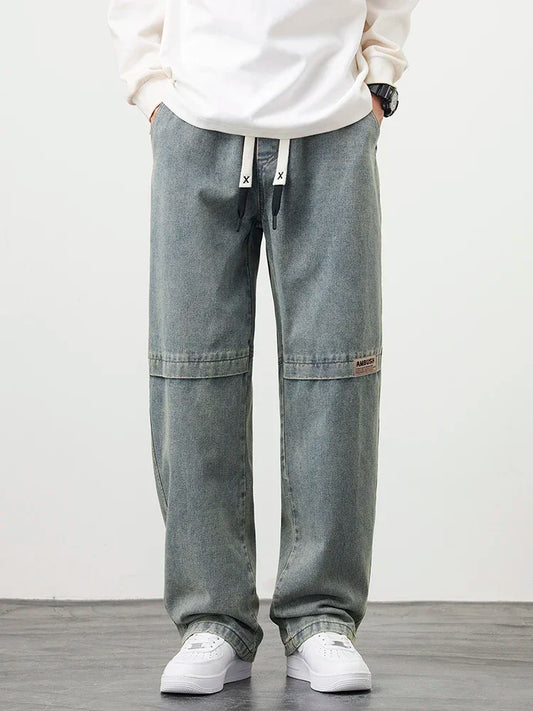 8XL New Retro Blue Men's Jeans Large Size String Banding Wide Leg Denim Pants Cotton Casual Straight Jean Trousers 6XL 7XL