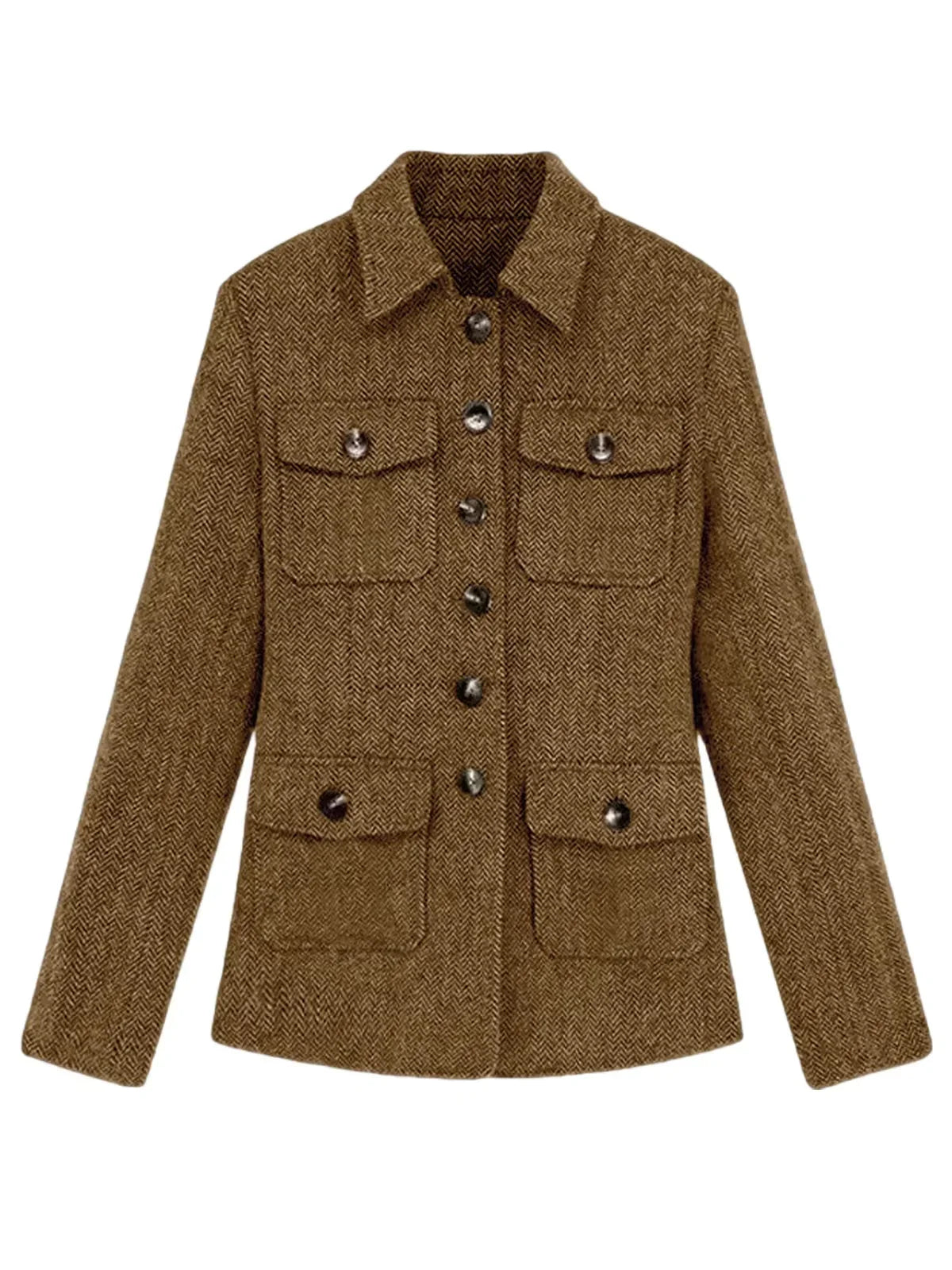 Men's Herringbone Wool Blend Blazer Jacket Notch Collar Utility Multi-Pocket Casual Overcoat For Spring Autumn