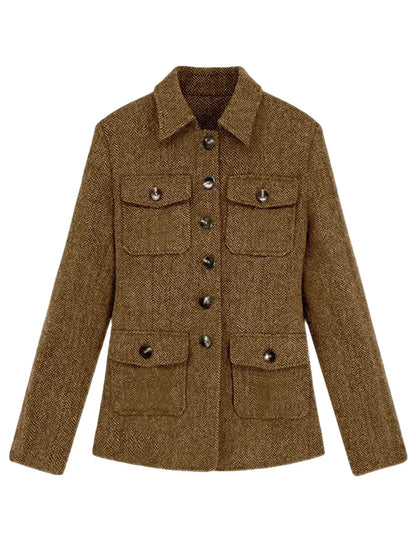 Men's Herringbone Wool Blend Blazer Jacket Notch Collar Utility Multi-Pocket Casual Overcoat For Spring Autumn