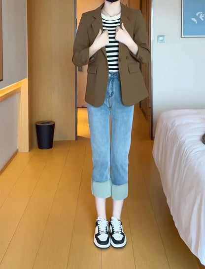 Suit Jacket Spring 2025 New Women Blazers Casual Notched Female Chic Coat Slim One Button Temperament Suit Coats Khaki Outwear