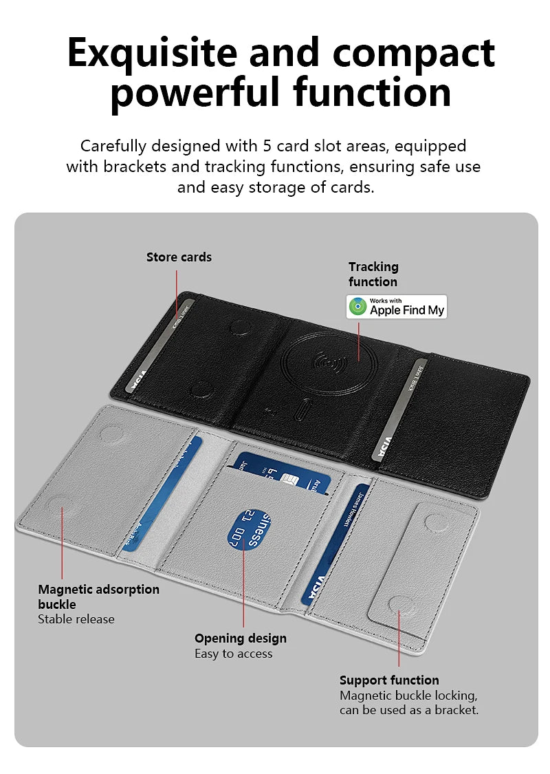 Luxury Leather Magnetic Storage Charge Wallet Bracket For iPhone 16 15 14 13 12 Pro Max Findmy Magsafe With Tracking Anti-theft
