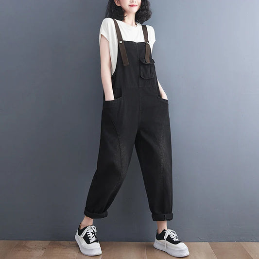 Loose Women's Denim Overalls Faionable Spring Summer High Waist Long Pants Thermal Properties Deep Color Korean Sle