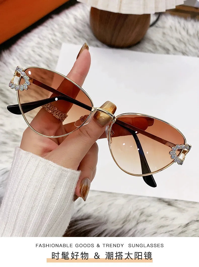 2026 Women Elegant Oval Metal Frame Cat Eye Sunglasses Hollow Rhinestone Wreath Temple UV Protection Gradient Lens Sun Shades