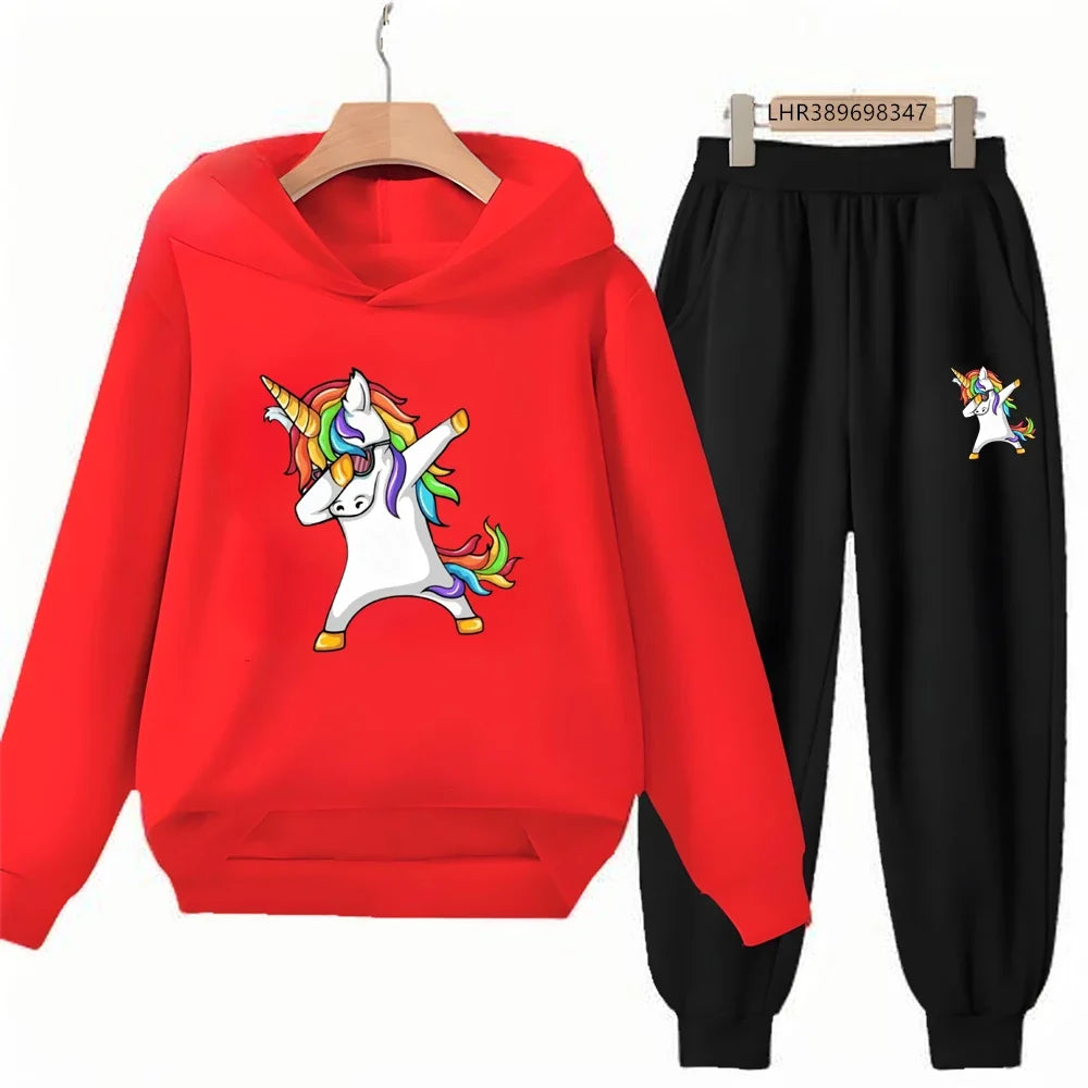 Children Unicorn Hoodie 3-12 Years Boys Girls Red Casual Tops+Pants Sets Long Sleeves Autumn Fashion Kids Clothes