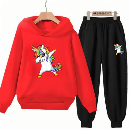 Children Unicorn Hoodie 3-12 Years Boys Girls Red Casual Tops+Pants Sets Long Sleeves Autumn Fashion Kids Clothes