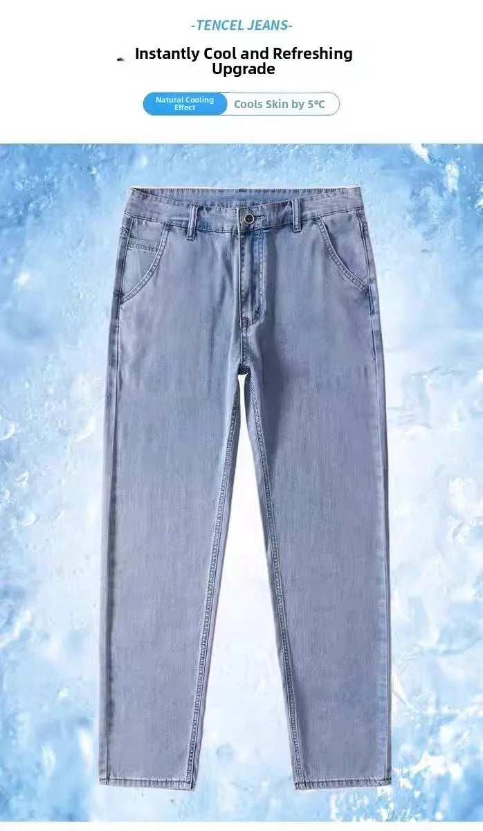Summer Thin Straight Loose Wide Leg Pants Men's Silk Smooth Denim Jeans Casual Long Trousers Business Gentleman Style Water W...