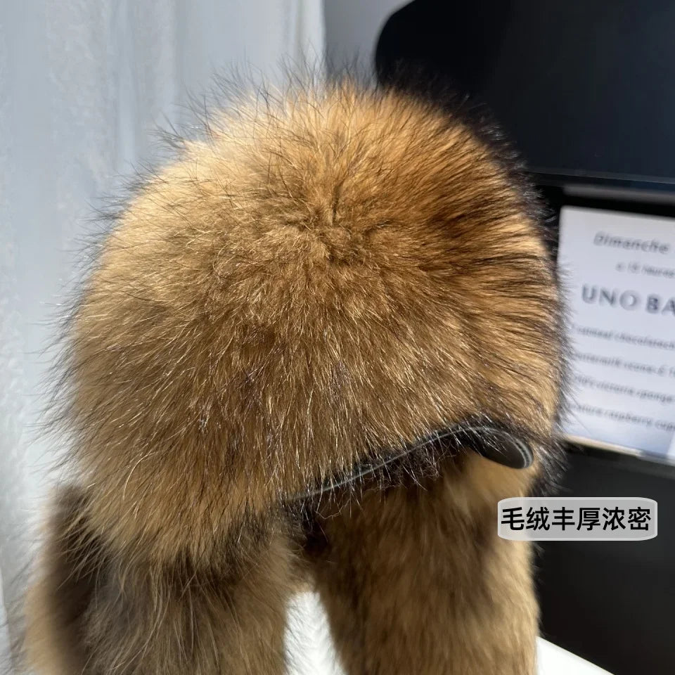 100% genuine fox fur ear-protecting hat Men real raccoon fur bomber hat Women winter warm fur real sheep leather snow hat