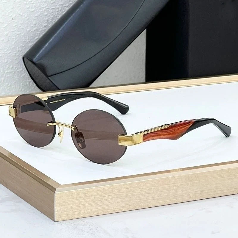 High Street Rimlesss Sunglasses Oval Alloy Acetate High Quality for Men Women Classical Vintage UV400 with Case