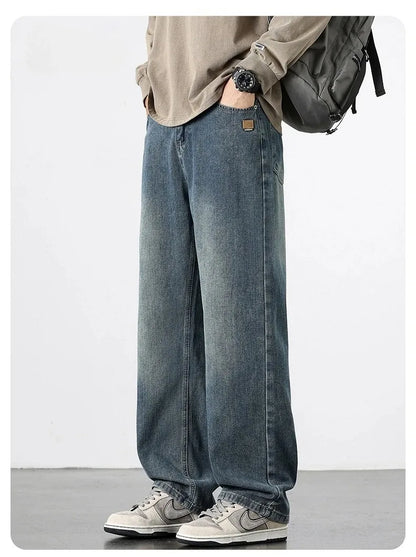 Spring Autumn American Retro Straight Jeans Men Streetwear Korean Fashion Loose Baggy Wide Leg Denim Pants Male Casual Trousers