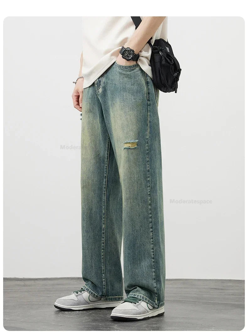 Korea Baggy Jeans Men's Vintage Straight Ripped Y2k Pants Fashion Frayed High Street Distressed Denim Trousers Male Clothes