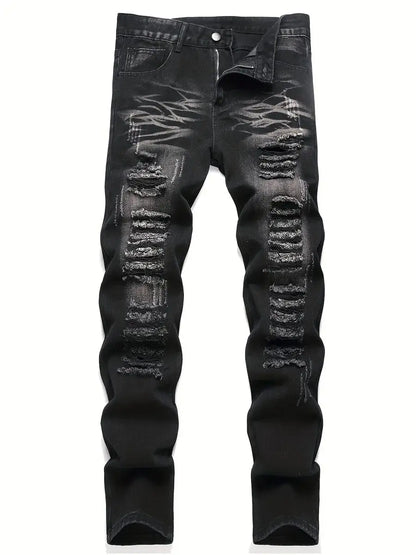 Men’s trendy streetwear: black ripped straight-leg jeans – an excellent gift for husbands or boyfriends.