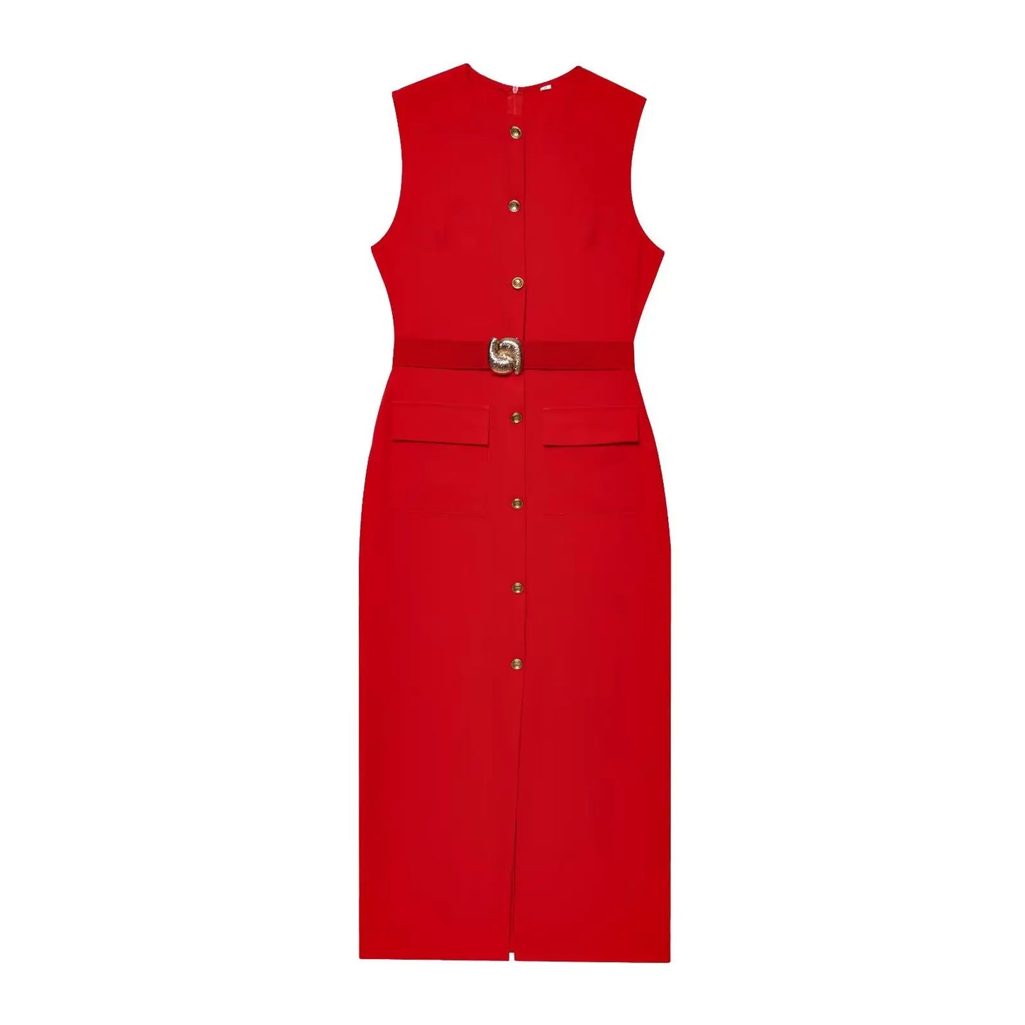 Female Summer Elegant Midi Dress O-Neck Hem Slit With Belt Sleeveless Single Breasted Back Zipper Fashion Long Dress