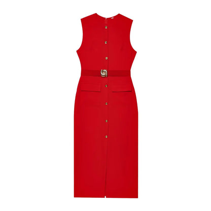 Female Summer Elegant Midi Dress O-Neck Hem Slit With Belt Sleeveless Single Breasted Back Zipper Fashion Long Dress