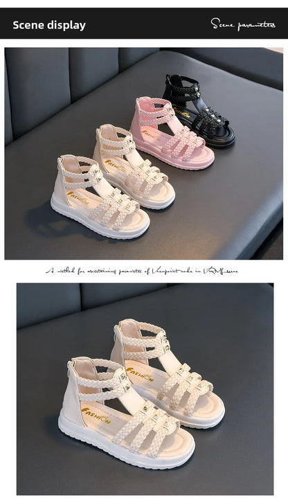 2026 Summer Gladiator Children Sandals Girl Soft Princess Shoes Retro Black Roman Sandal Outdoor Braided Shoe White Kids Shoes
