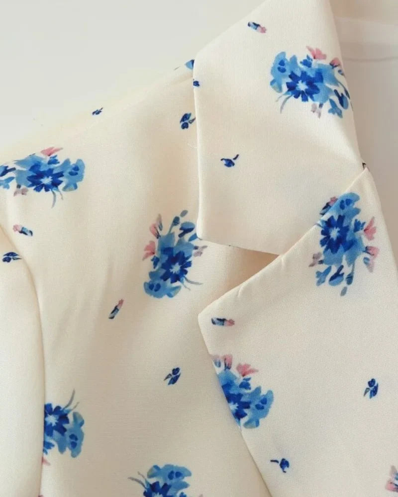 Women's Floral Print Blazer, White Pink Flower Casual Suit Jacket, Notch Lapel Loose Outwear with Tie Waist, Spring Daily Wear