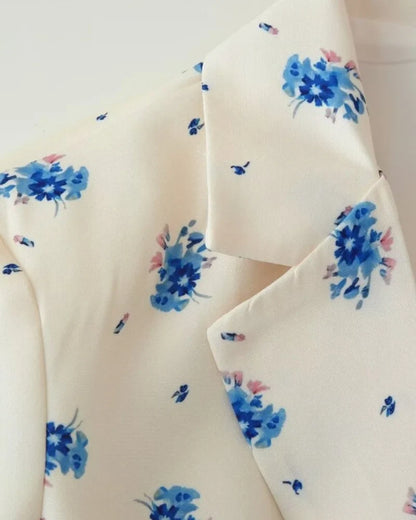 Women's Floral Print Blazer, White Pink Flower Casual Suit Jacket, Notch Lapel Loose Outwear with Tie Waist, Spring Daily Wear