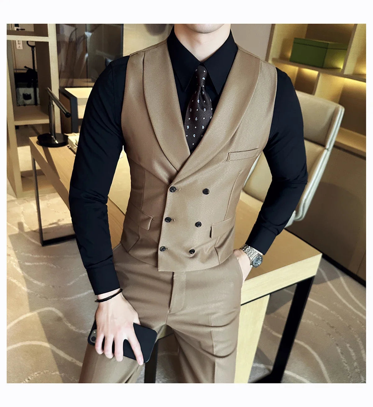 Men Luxury Double Breasted Design Solid Vest Formal Groom Wedding Dress Suit Vest Set Fashion Mens Club Singer Clothing 6XL-M