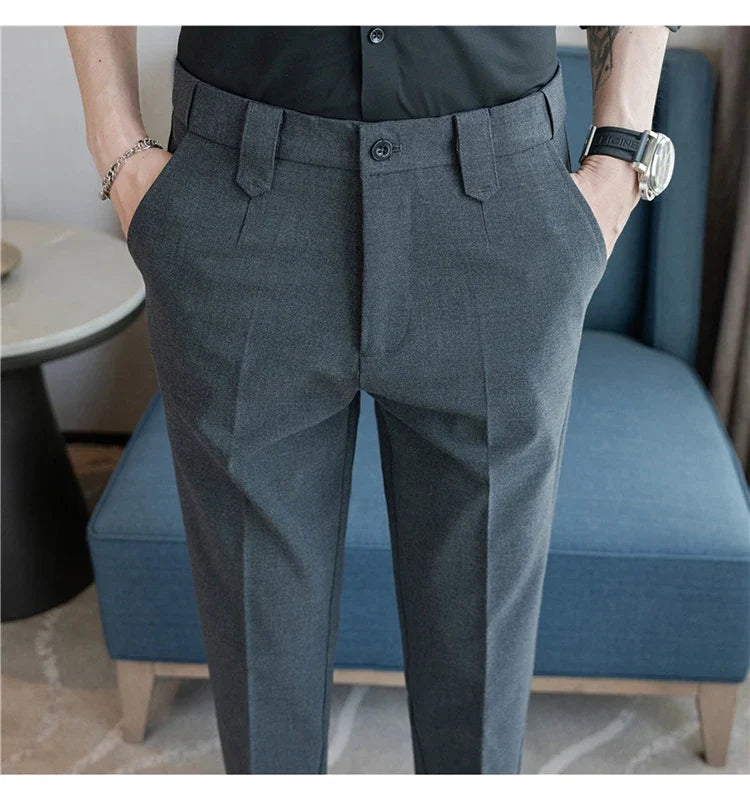 Elastic Waist Solid Color Suit Pants Men Formal Slim Fit Business Casual Trouser High Quality Social Wedding Fashion Dress Pant