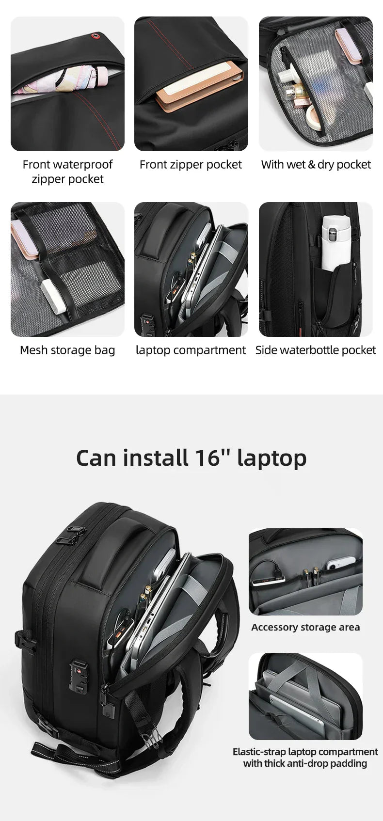 Travel casual Backpack 16 inch vacuum compression Laptop Backpack USB charging school Backpack Extended Hiking Business backpack