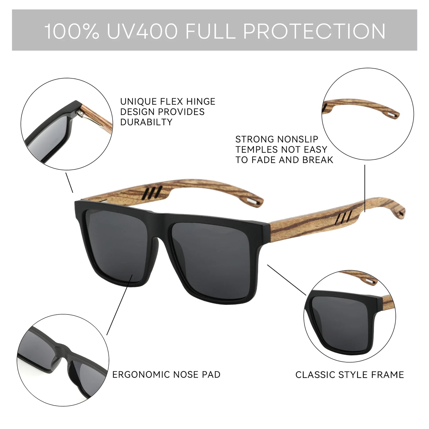 Walnut Wood Sunglasses with Dark Polarized Lenses for Men and Women | UVA/UVB Ray Protection