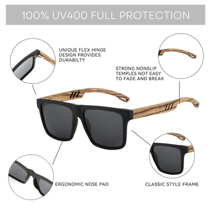 Walnut Wood Sunglasses with Dark Polarized Lenses for Men and Women | UVA/UVB Ray Protection