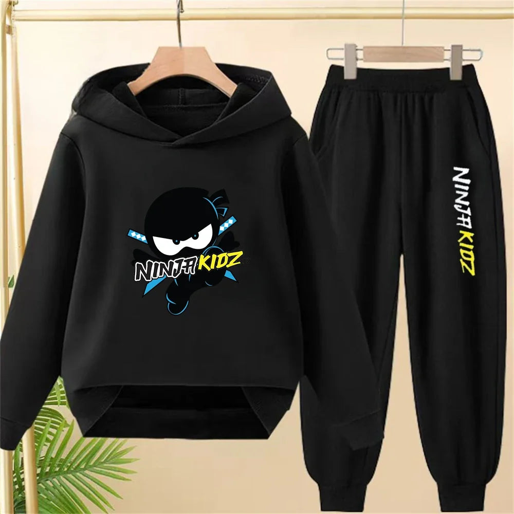 Children Hoodie Child Ninja Print 3-12 Years Old Boys Girls Toddler Coat Top+Pants Stylish Casual Black Sweatshirt Set