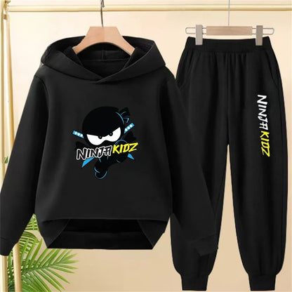 Children Hoodie Child Ninja Print 3-12 Years Old Boys Girls Toddler Coat Top+Pants Stylish Casual Black Sweatshirt Set