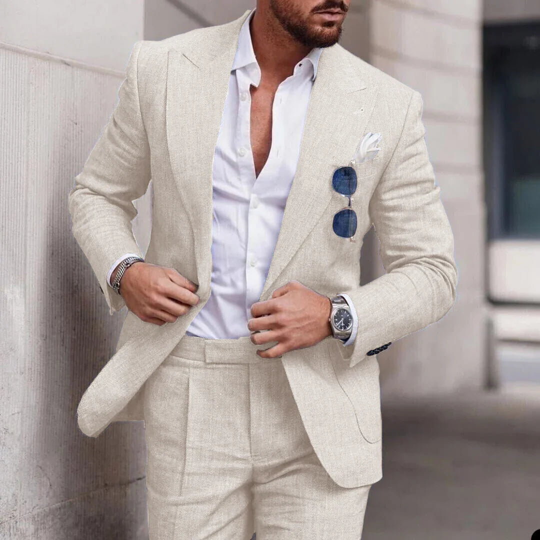 Men's 2 Piece Linen Suit Slim Fit Notch Lapel Casual Blazer Jacket & Trousers Business Wedding Party Formal Dress Set for Men
