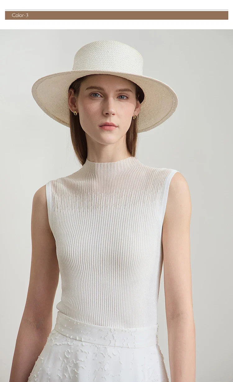 Women Top Minimalist Summer New Solid Color Mock Neck Sleeveless Slim Elastic Double Curved Yarn Knitted Camisole 12542249