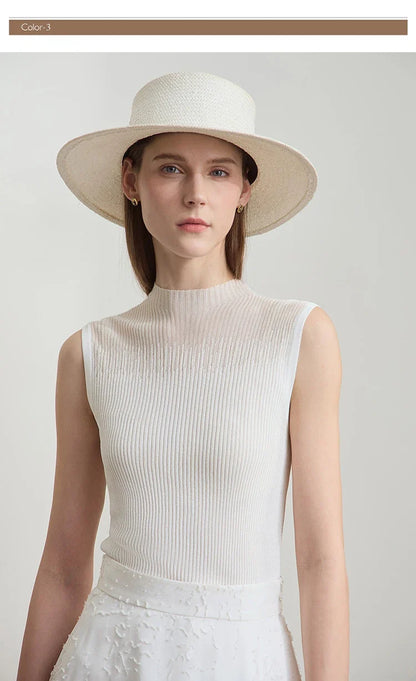 Women Top Minimalist Summer New Solid Color Mock Neck Sleeveless Slim Elastic Double Curved Yarn Knitted Camisole 12542249