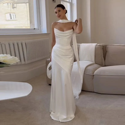 Satin Civil Wedding Dress 2026 Bride Strapless Sleeveless Pleat Bride Gowns Mermaid Lace Up Back vestido de noiva Customized