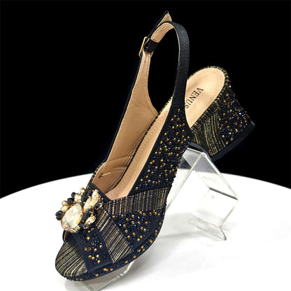 2025 Luxurious Italian Women's Party Shoe and Bag Set – Elegant Black Rhinestone Peep-Toe High Heels Sandals for Weddings